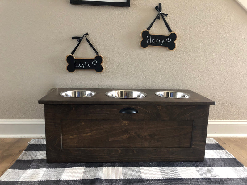 3 bowl elevated dog feeder with storage drawer (flat-stained DB)