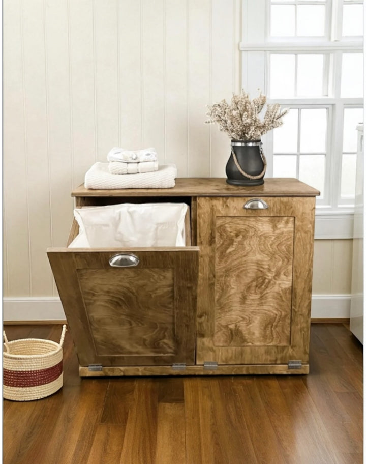 Furniture style handmade double tilt-out cabinet in golden oak stain