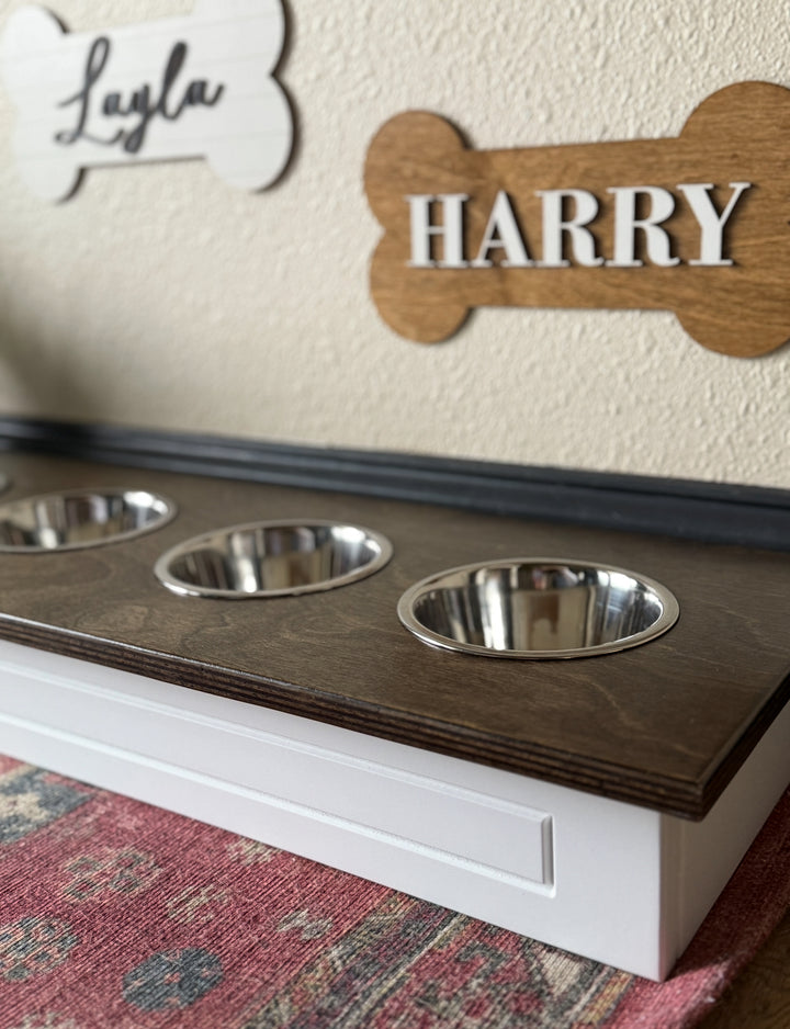 3 bowl small size elevated pet feeder in white with a stained top