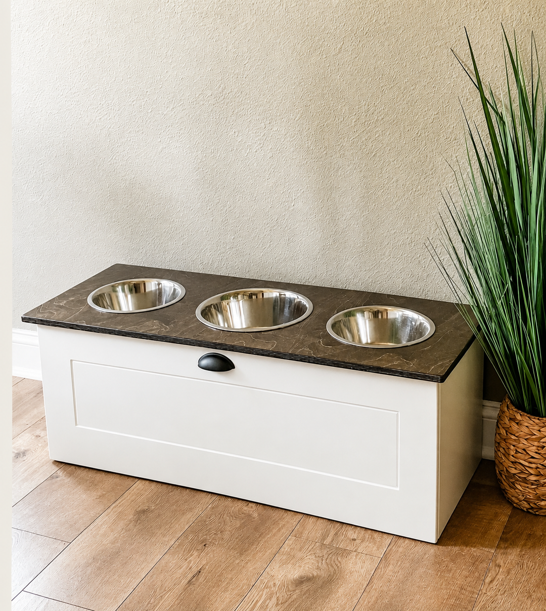 3 bowl elevated pet feeder with storage drawer farmhouse style