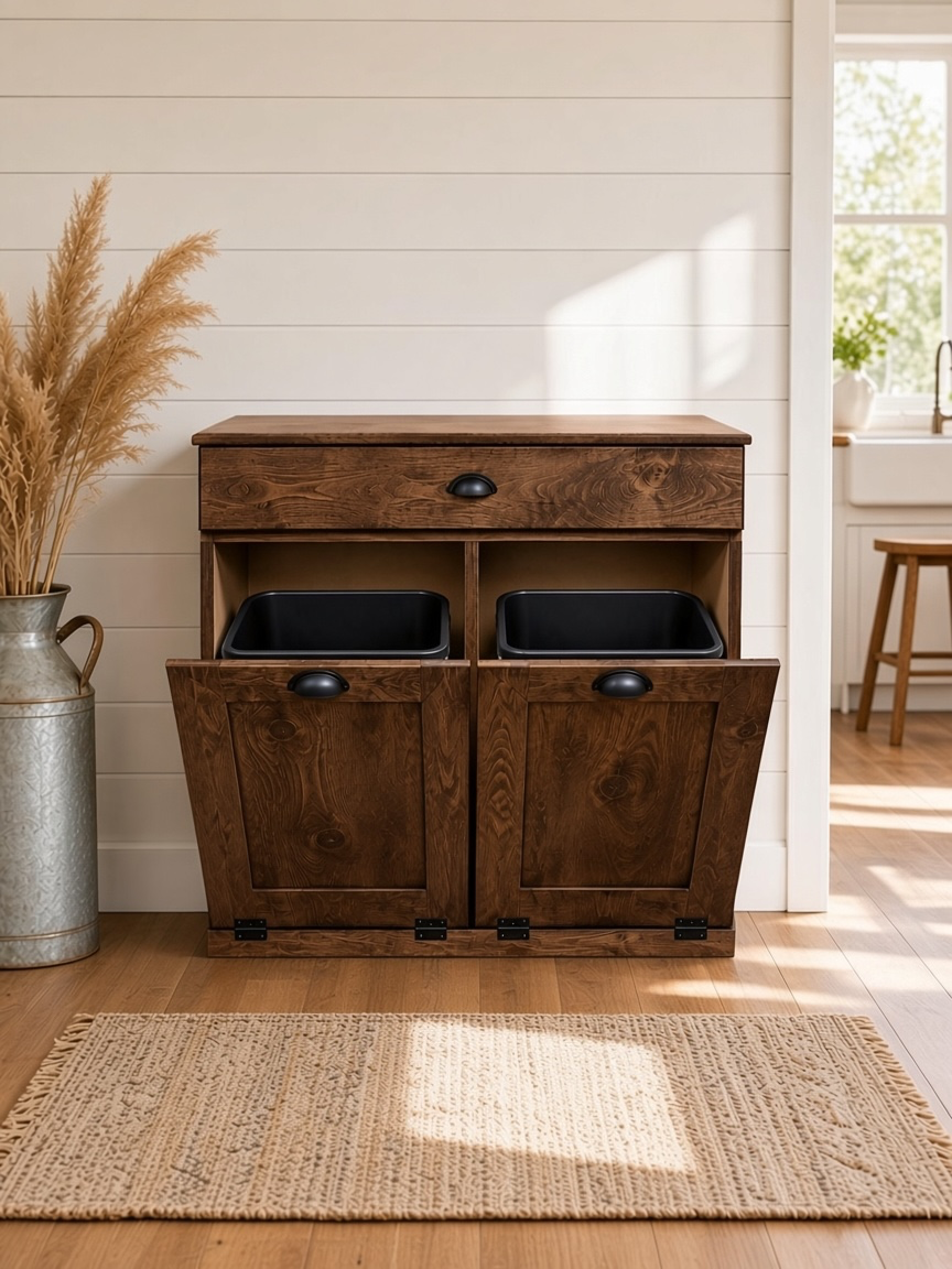 Freestanding trash cabinet with a storage drawer in dark brown stain