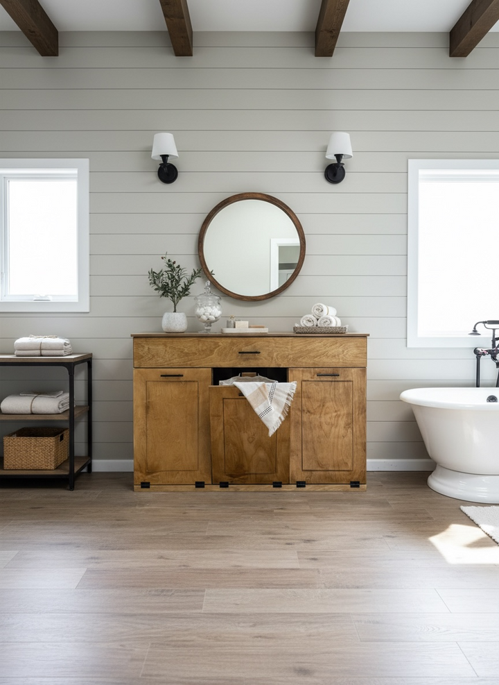 Triple laundry with a storage drawer in golden oak stain