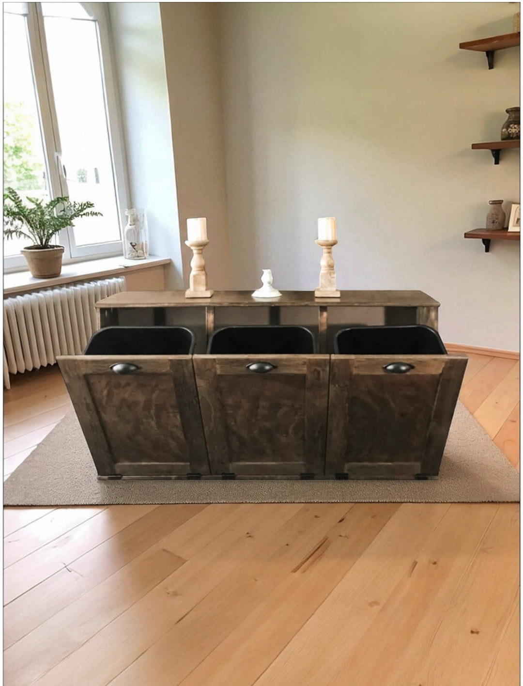 Stand alone triple trash cabinet in warm brown stain