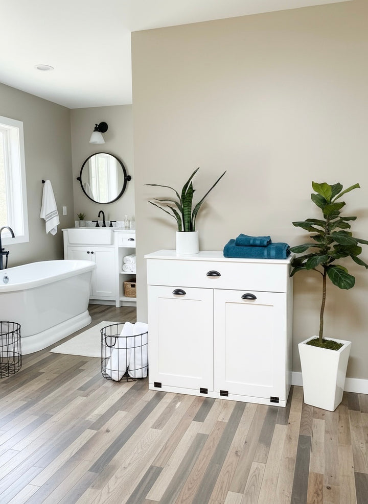 White furniture style laundry double hamper with a storage drawer