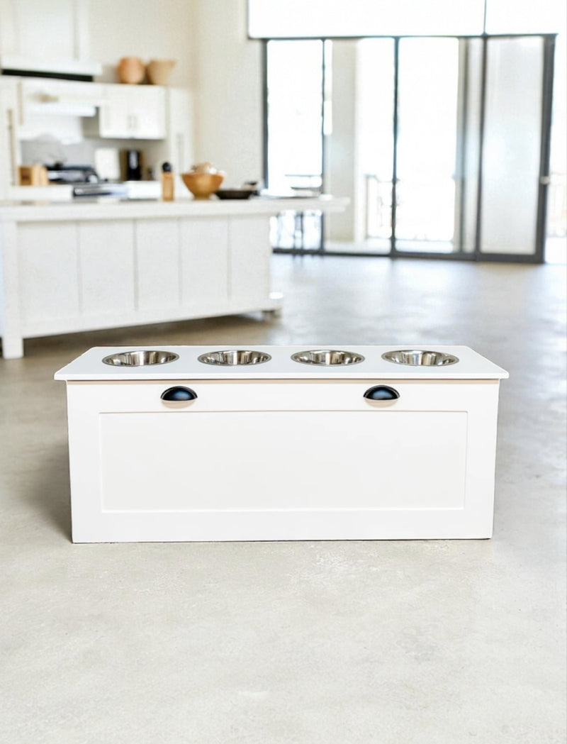 Four bowl large size white elevated dog feeder -