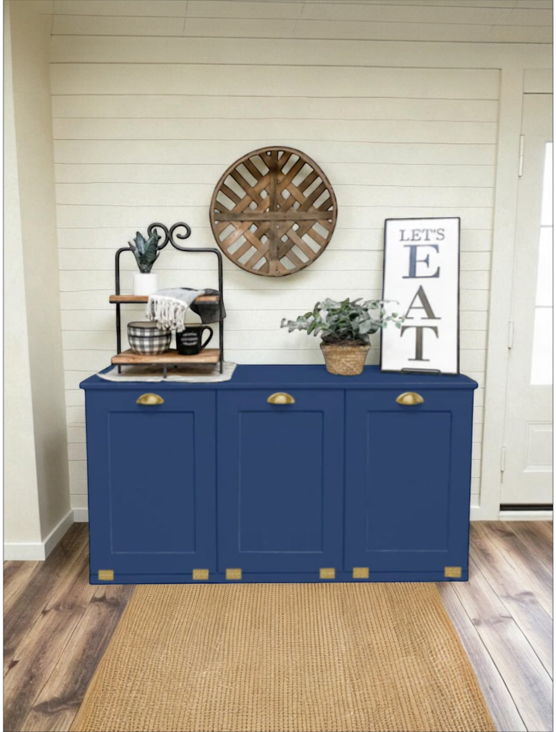 3 bin triple trash cabinet in dark blue