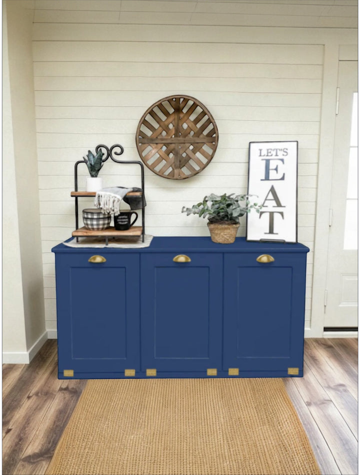 3 bin triple trash cabinet in dark blue