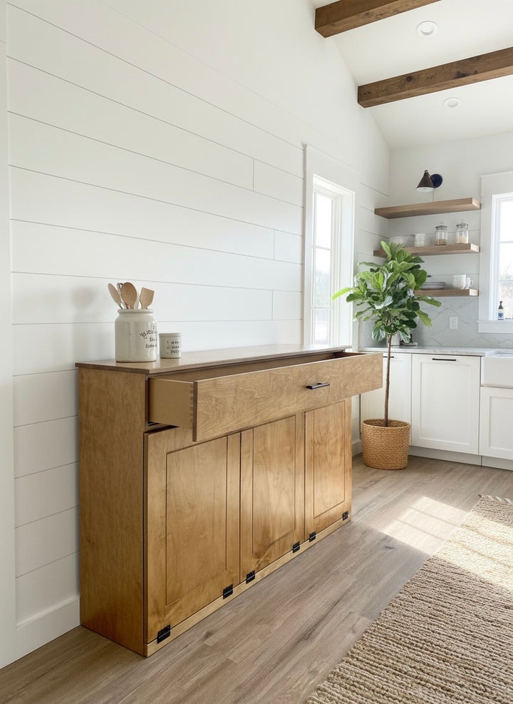 Handmade triple trash cabinet with storage drawer in golden oak stain