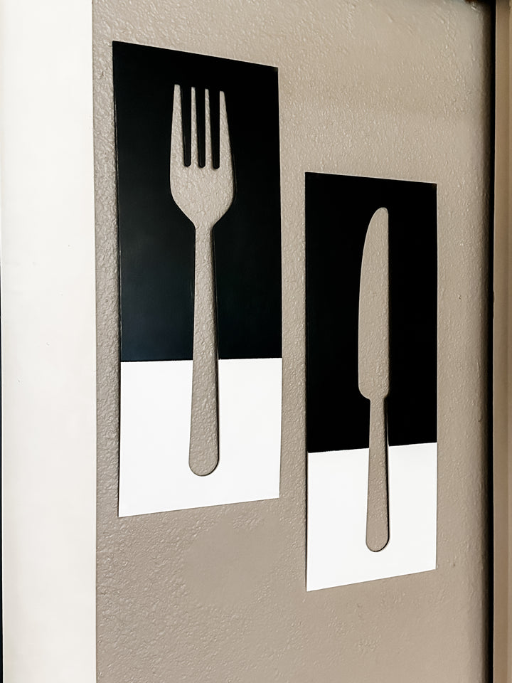 Black &amp; white fork, spoon, and knife wood wall decor set