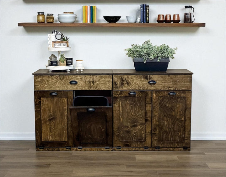 Counter tall 4 bin trash cabinet with a storage drawer in dark brown stain