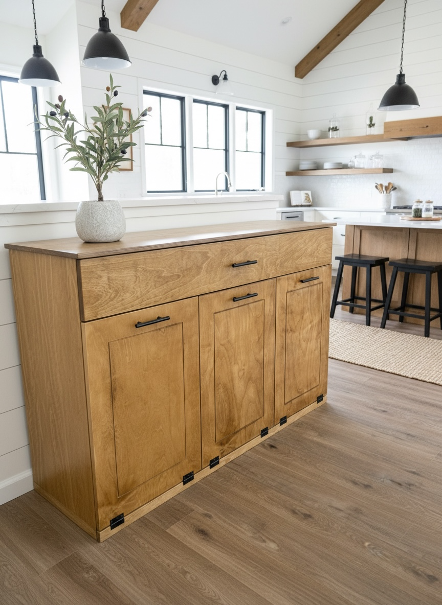 Handmade triple trash cabinet with storage drawer in golden oak stain