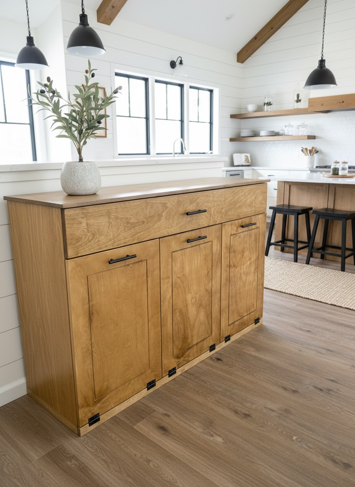 Handmade triple trash cabinet with storage drawer in golden oak stain