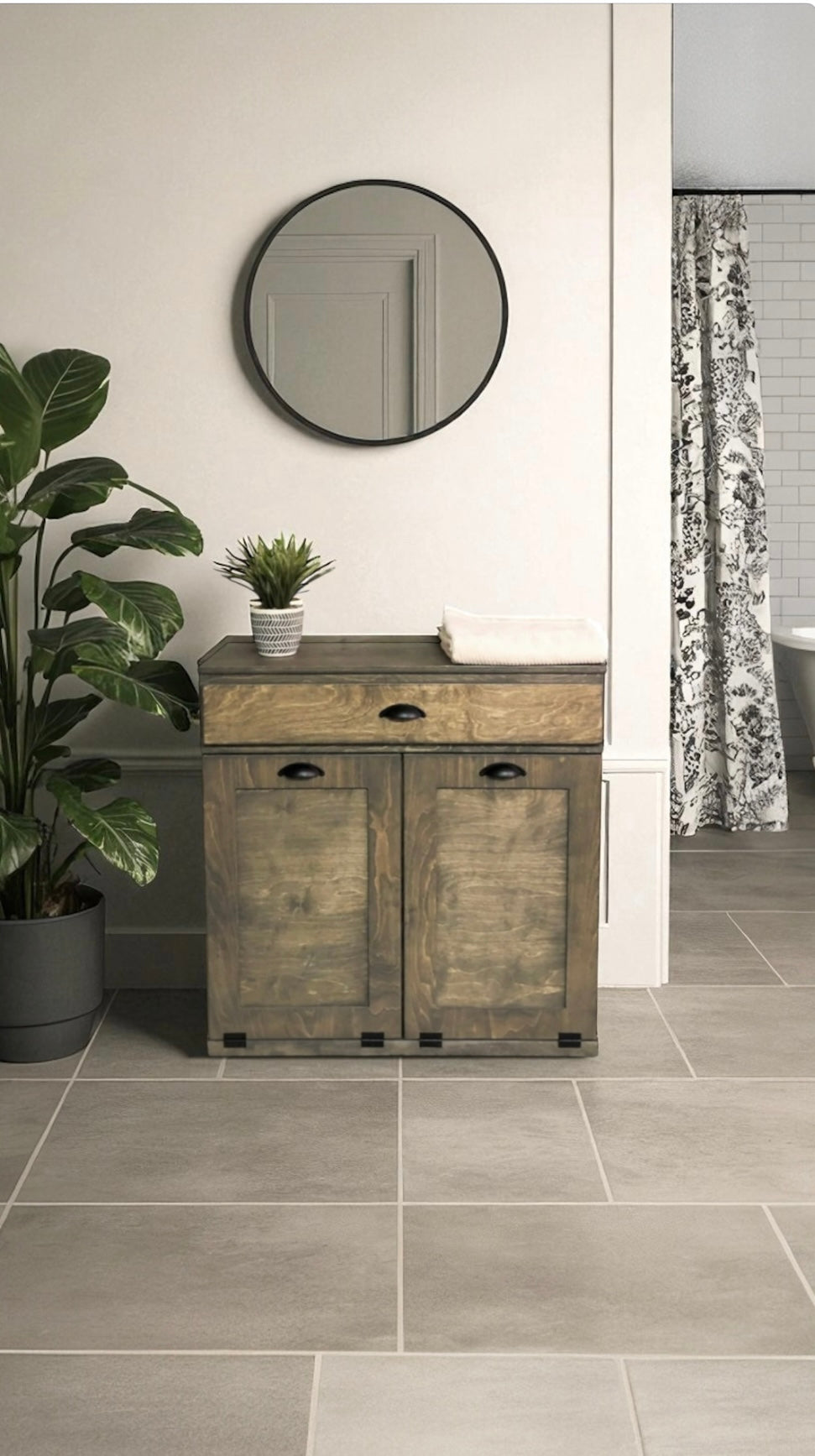 Double laundry hamper with a storage drawer in aged barrel stain