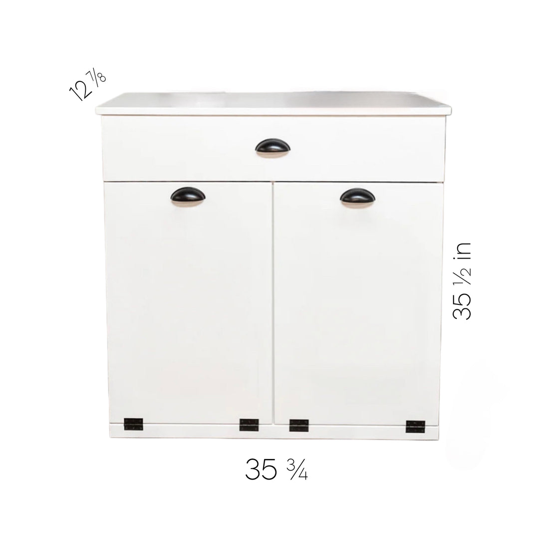 Handcrafted double hidden trash cabinet + storage drawer in white