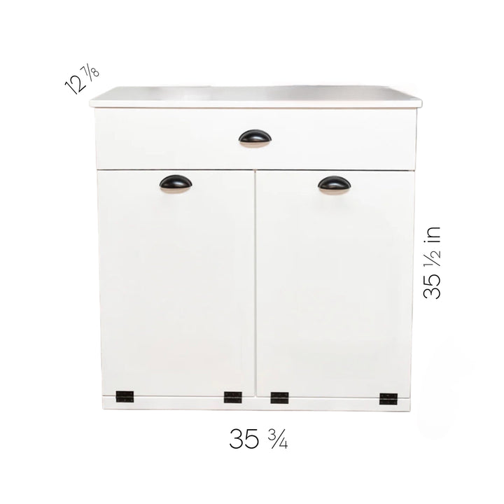 Handcrafted double hidden trash cabinet + storage drawer in white