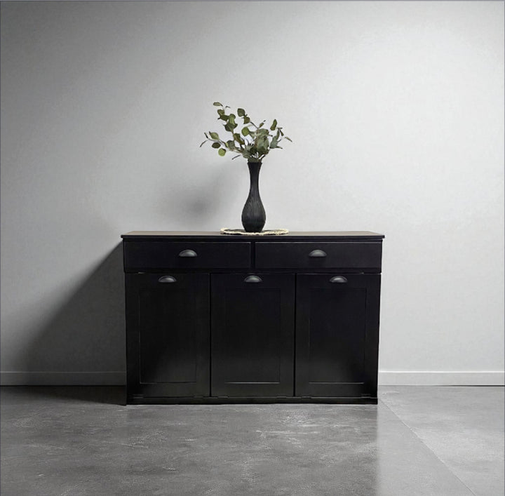 Triple cabinet trash bin with a storage drawer in black stain