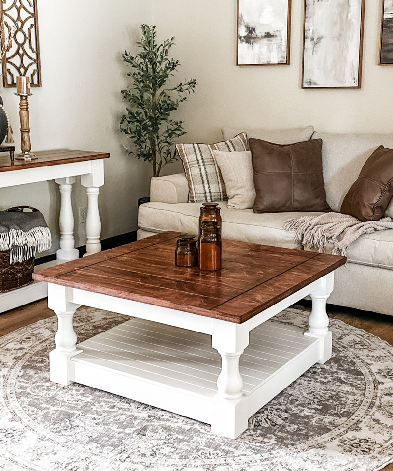 Rustic baluster square farmhouse coffee table in red oak