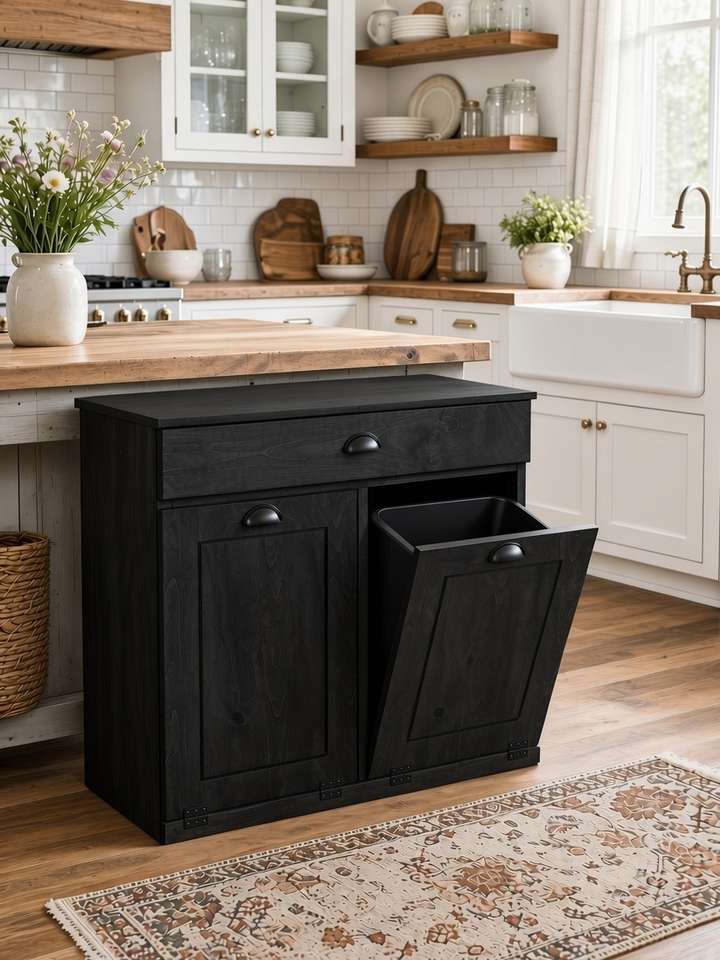 Free standing hidden trash cabinet with a storage drawer in black stain
