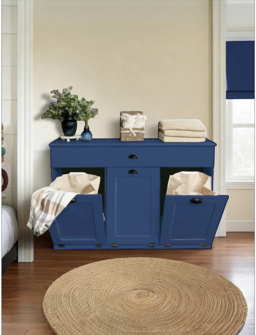 Counter tall freestanding 3 bin laundry hamper with a storage drawer in blue