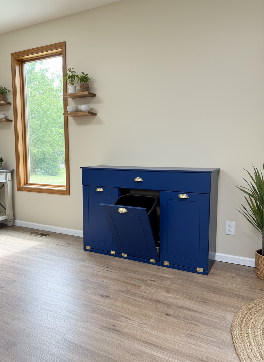 Beautiful triple trash cabinet with a storage drawer in blue