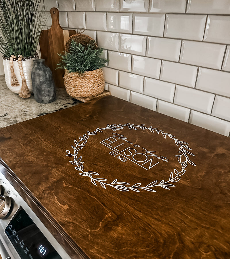 Personalized wedding/anniversary stove cover in warm brown Ellison