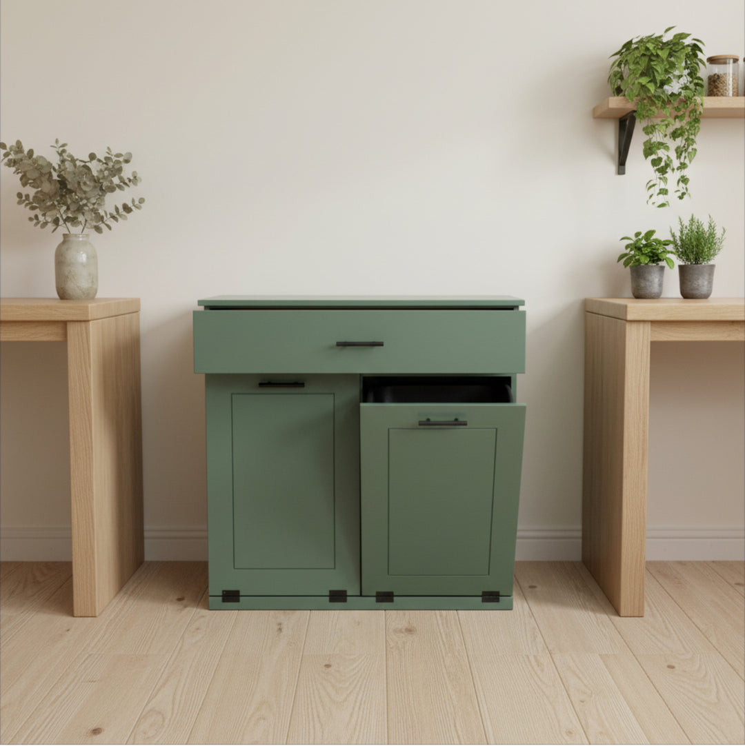 Hidden trash and recycling cabinet with a storage drawer in green