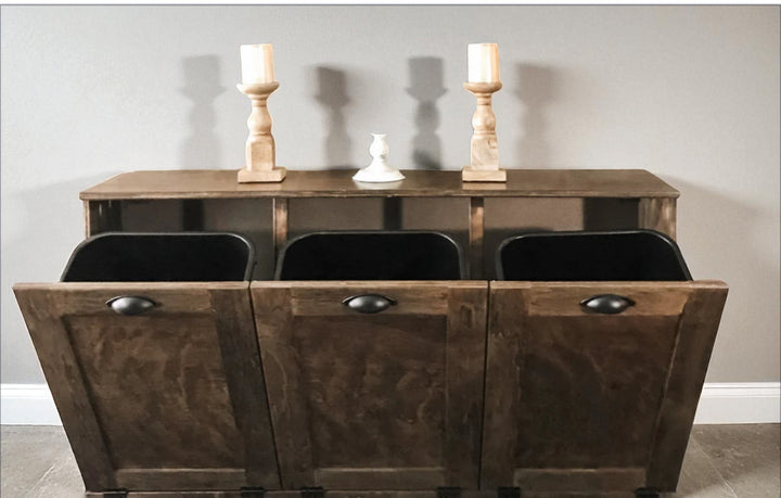 Stand alone triple trash cabinet in warm brown stain