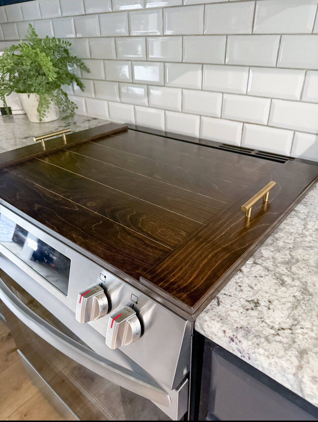 Slatted dark brown stove cover
