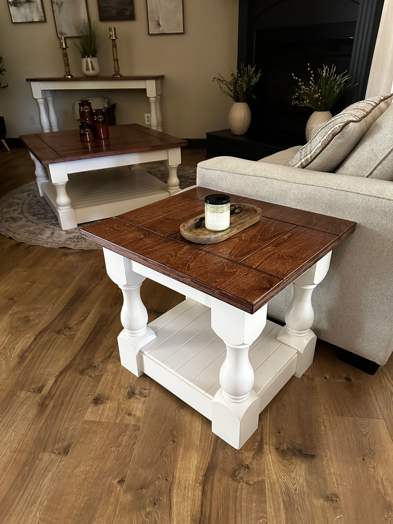 Rustic baluster farmhouse end table in red oak