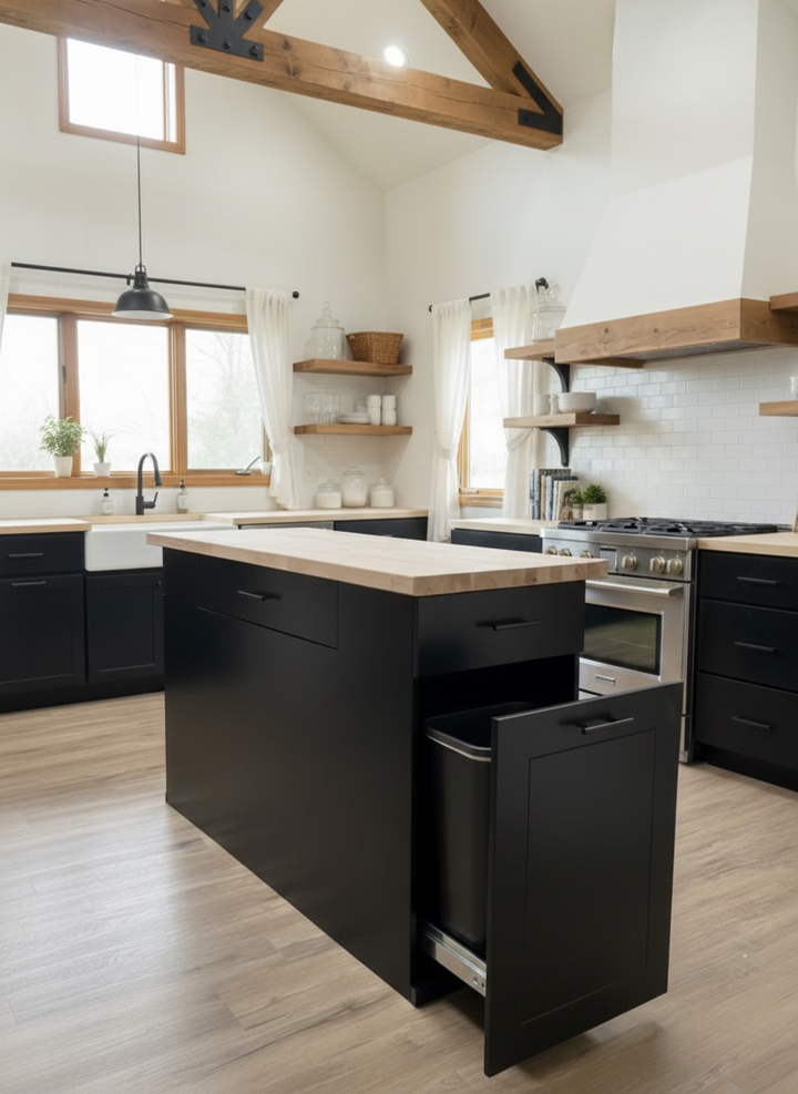 Handmade Kitchen Island with Pull-Out Trash Cabinet &amp; Drawers - Butcher Block Top
