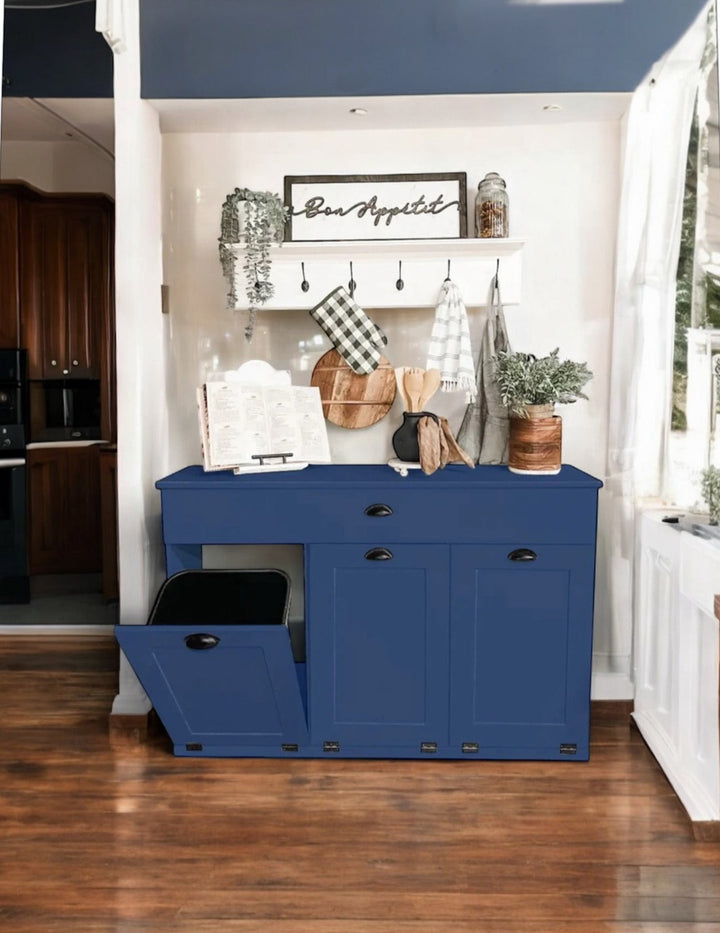 Beautiful triple trash cabinet with a storage drawer in blue