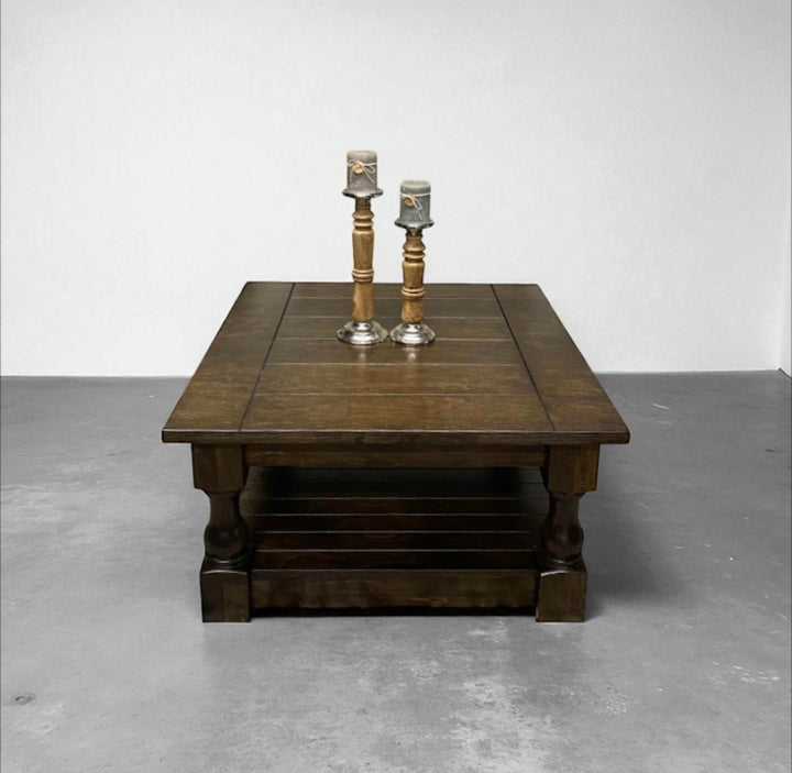 Stained farmhouse style rustic coffee table fully stained