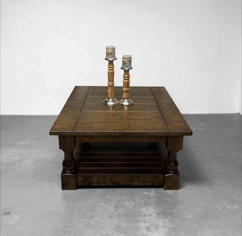 Stained farmhouse style rustic coffee table fully stained