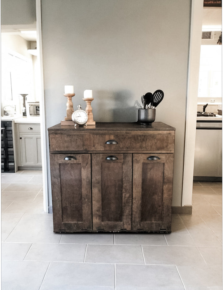 Furniture style slim triple trash cabinet