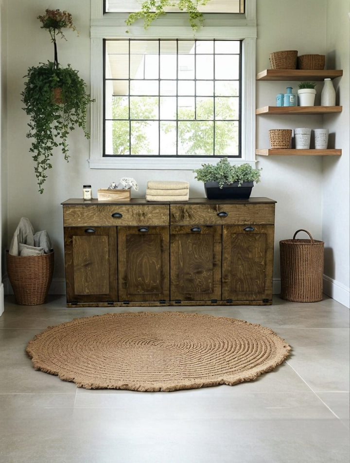 Laundry sorter with four bins and a storage drawer in dark brown stain