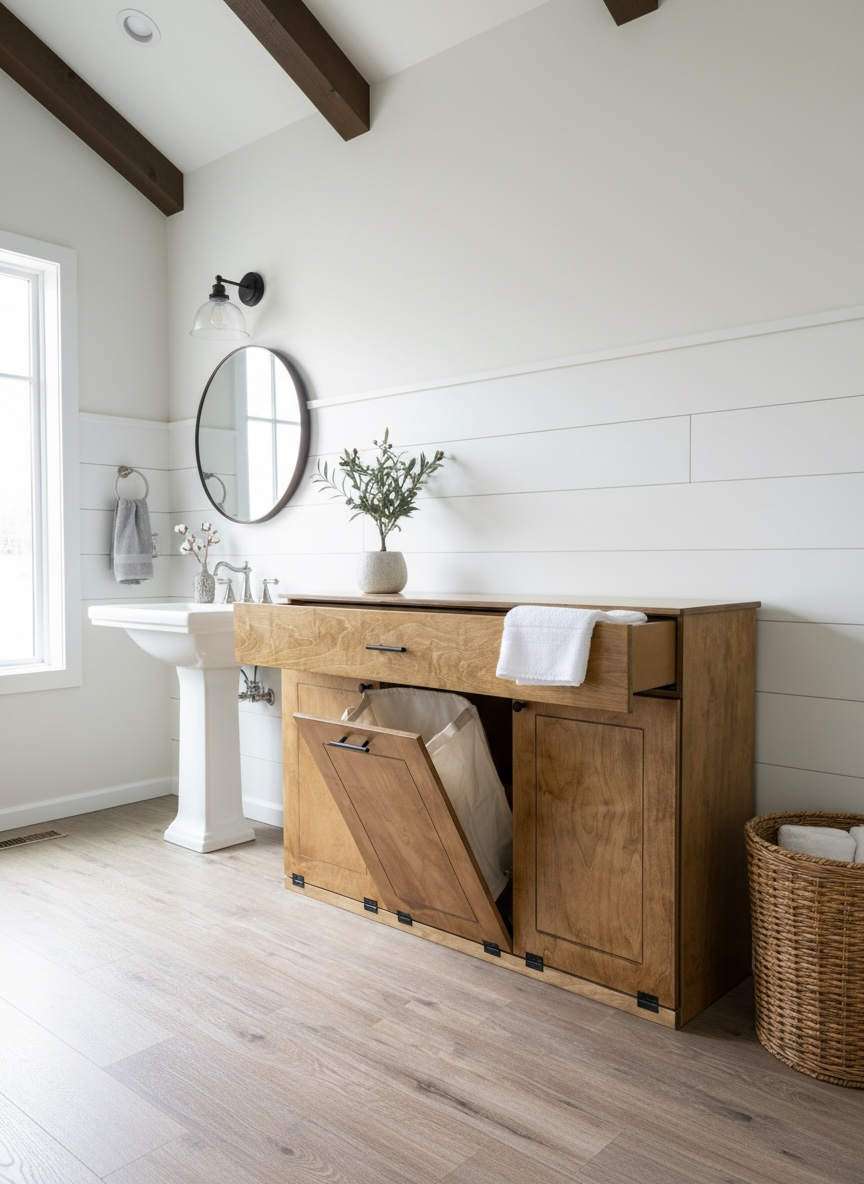 Triple laundry with a storage drawer in golden oak stain