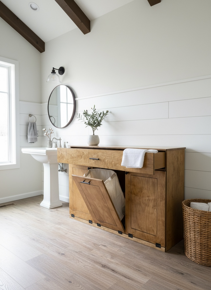 Triple laundry with a storage drawer in golden oak stain