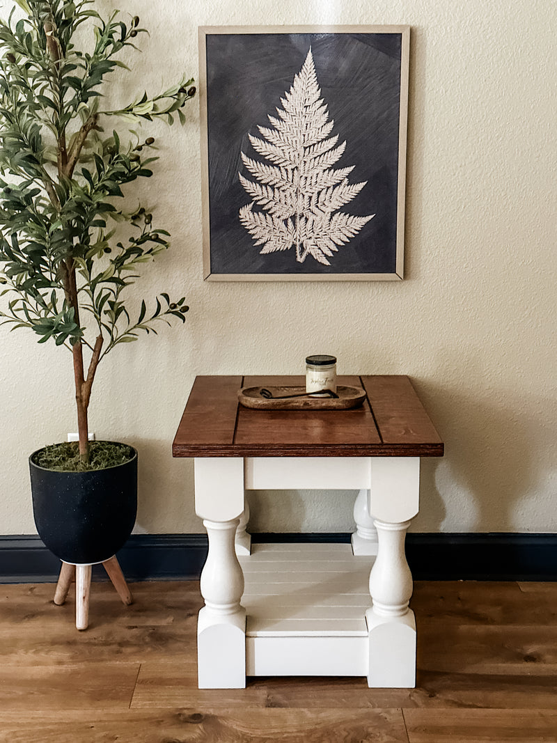 Rustic baluster farmhouse end table in red oak