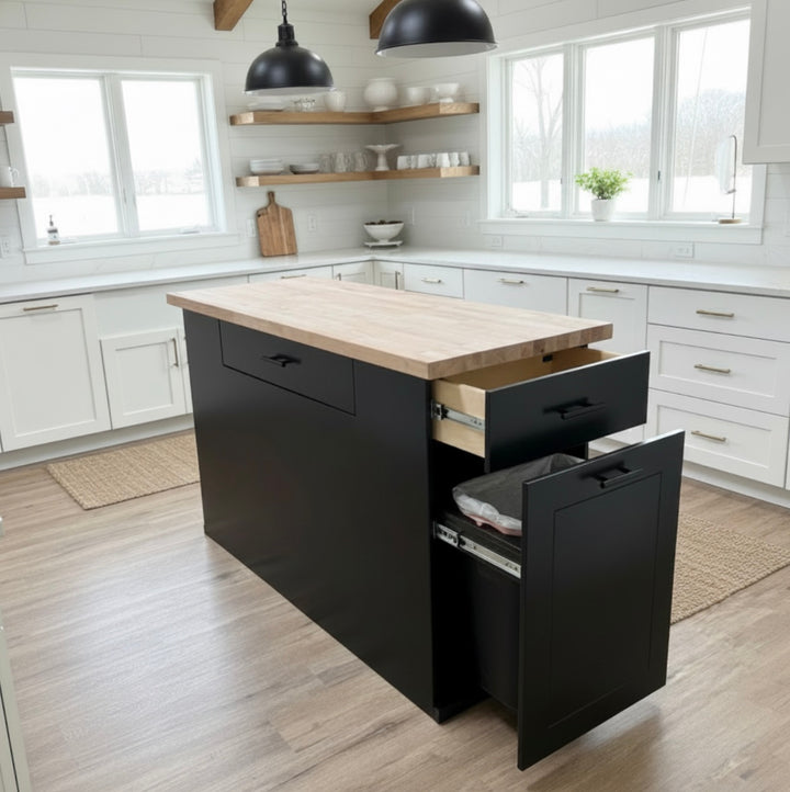 Handmade Kitchen Island with Pull-Out Trash Cabinet &amp; Drawers - Butcher Block Top