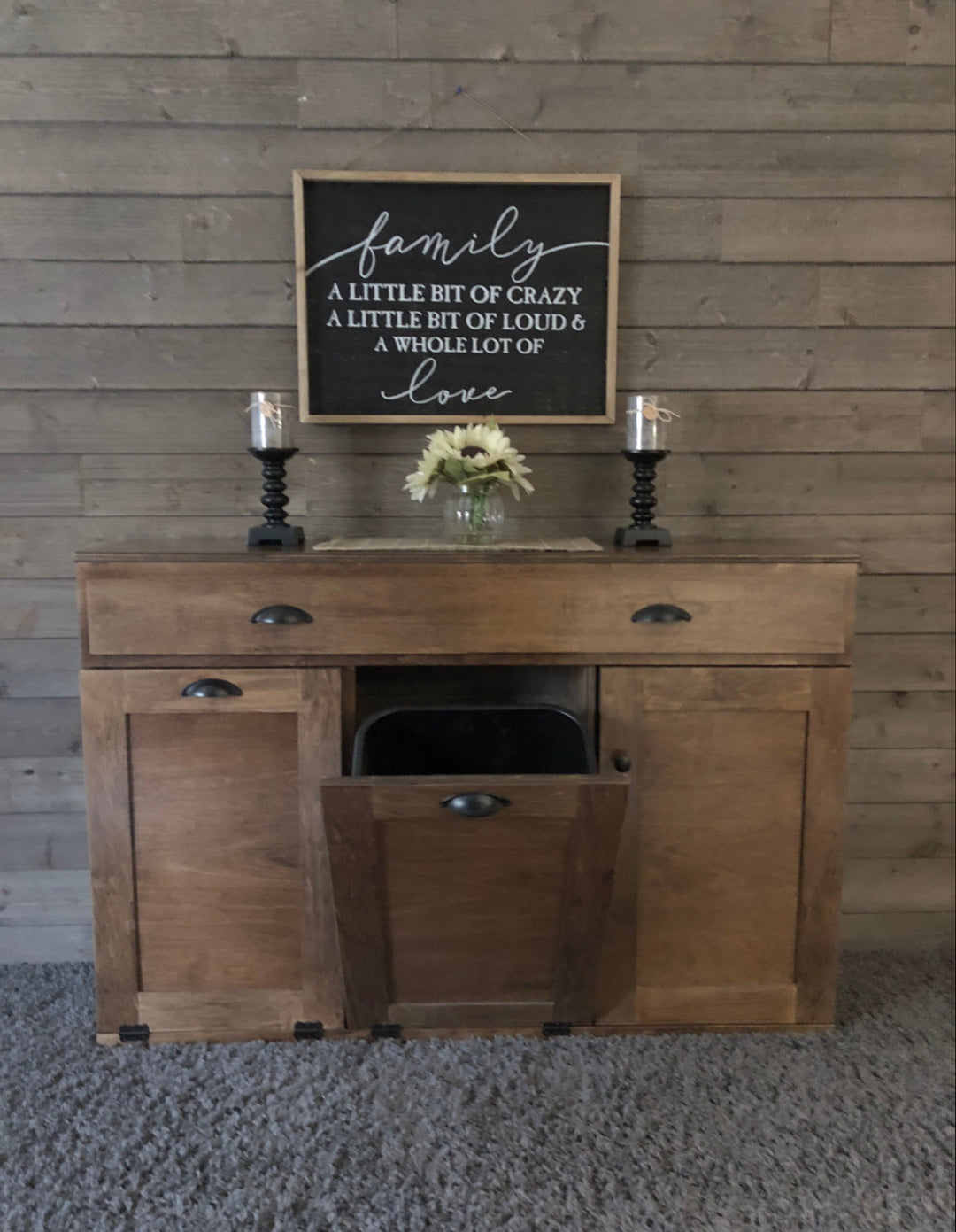 Triple with storage and cabinet in warm brown stain
