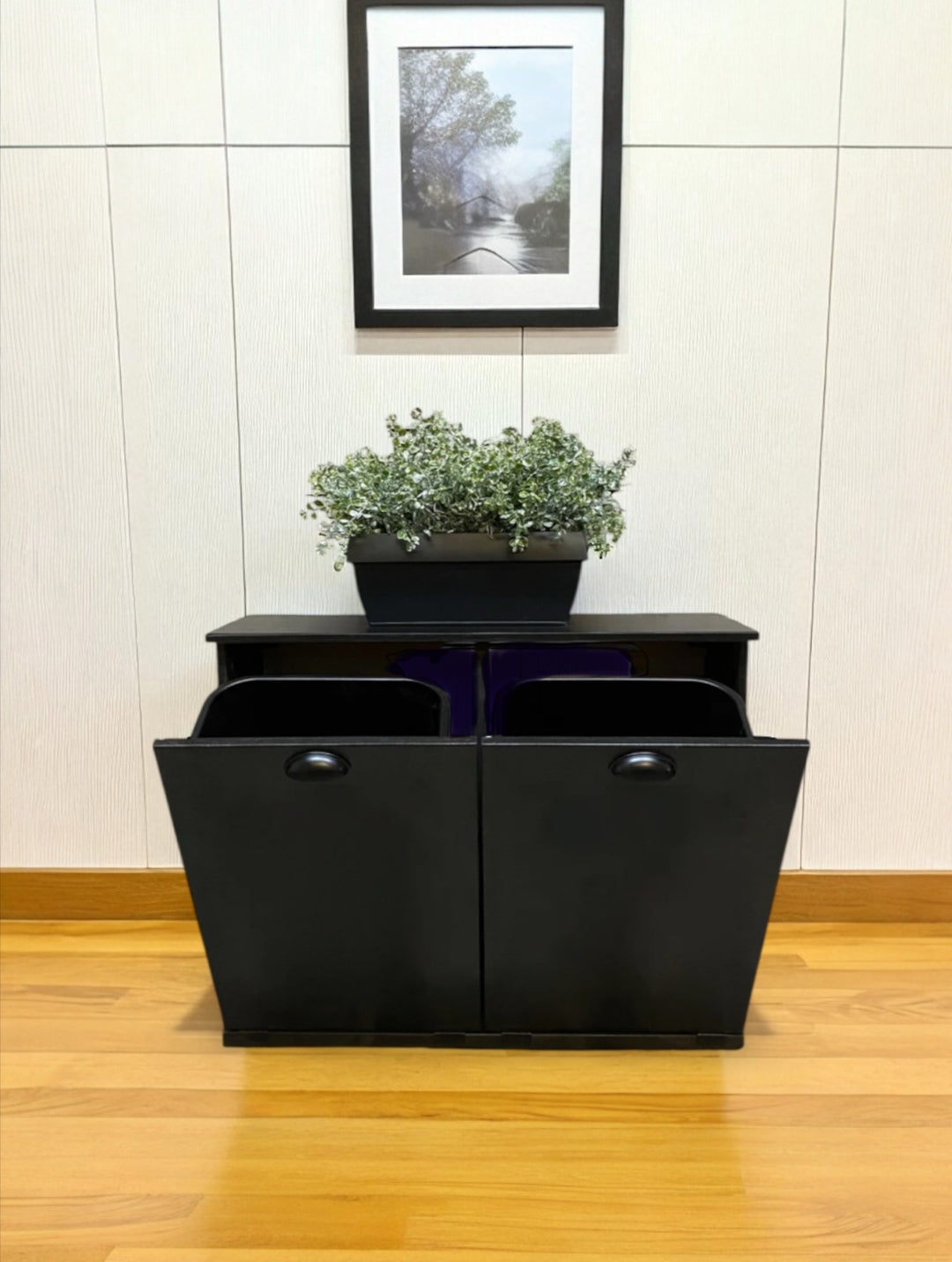 Double kitchen trash cabinet in black stain