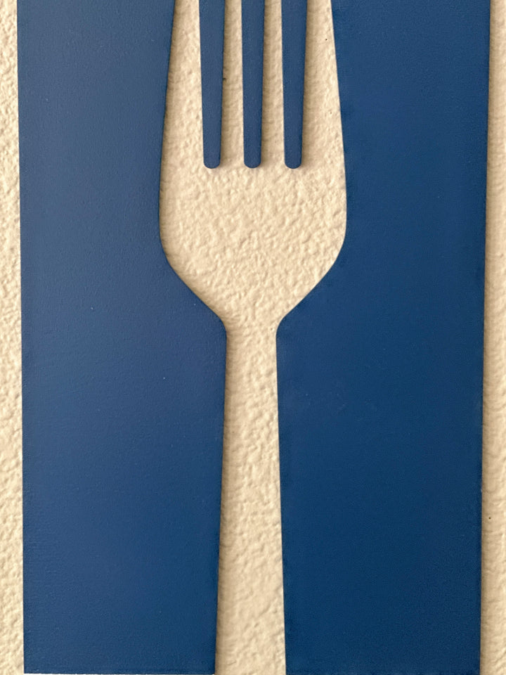 Blue &amp; white fork, spoon, and knife wood wall decor set