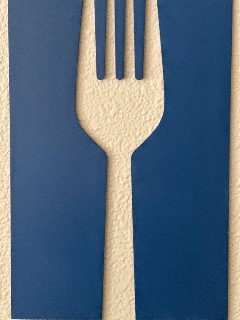 Fork, spoon, and knife set handmade of wood wall decor in blue and white