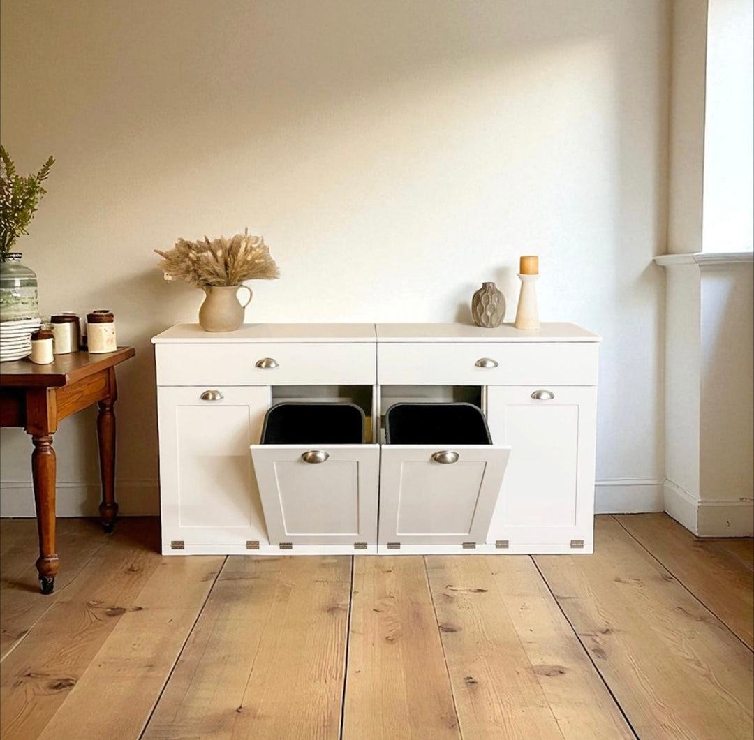4 bin quad tilt out trash cabinet with a storage drawer in white