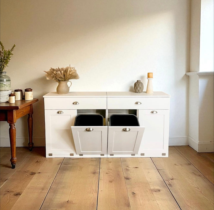 4 bin quad tilt out trash cabinet with a storage drawer in white