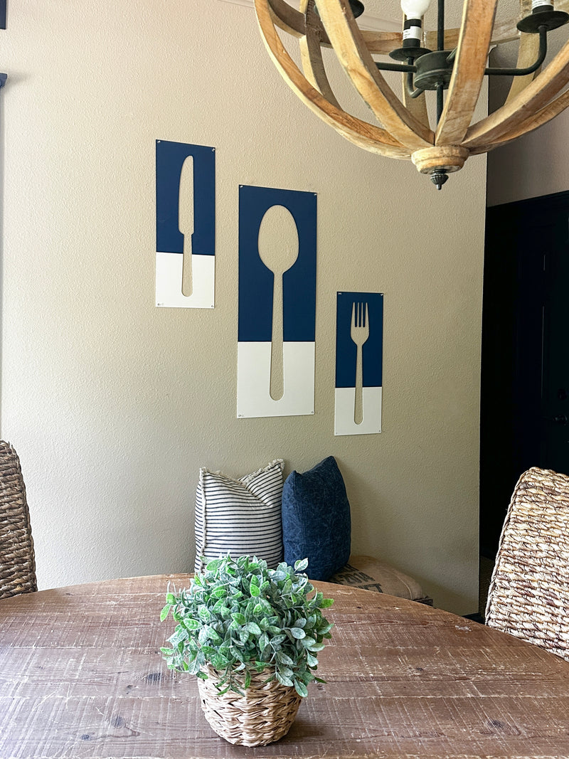 Fork, spoon, and knife set handmade of wood wall decor in blue and white