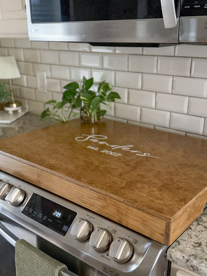 Personalized "Valencia" stove cover, golden oak + soft white