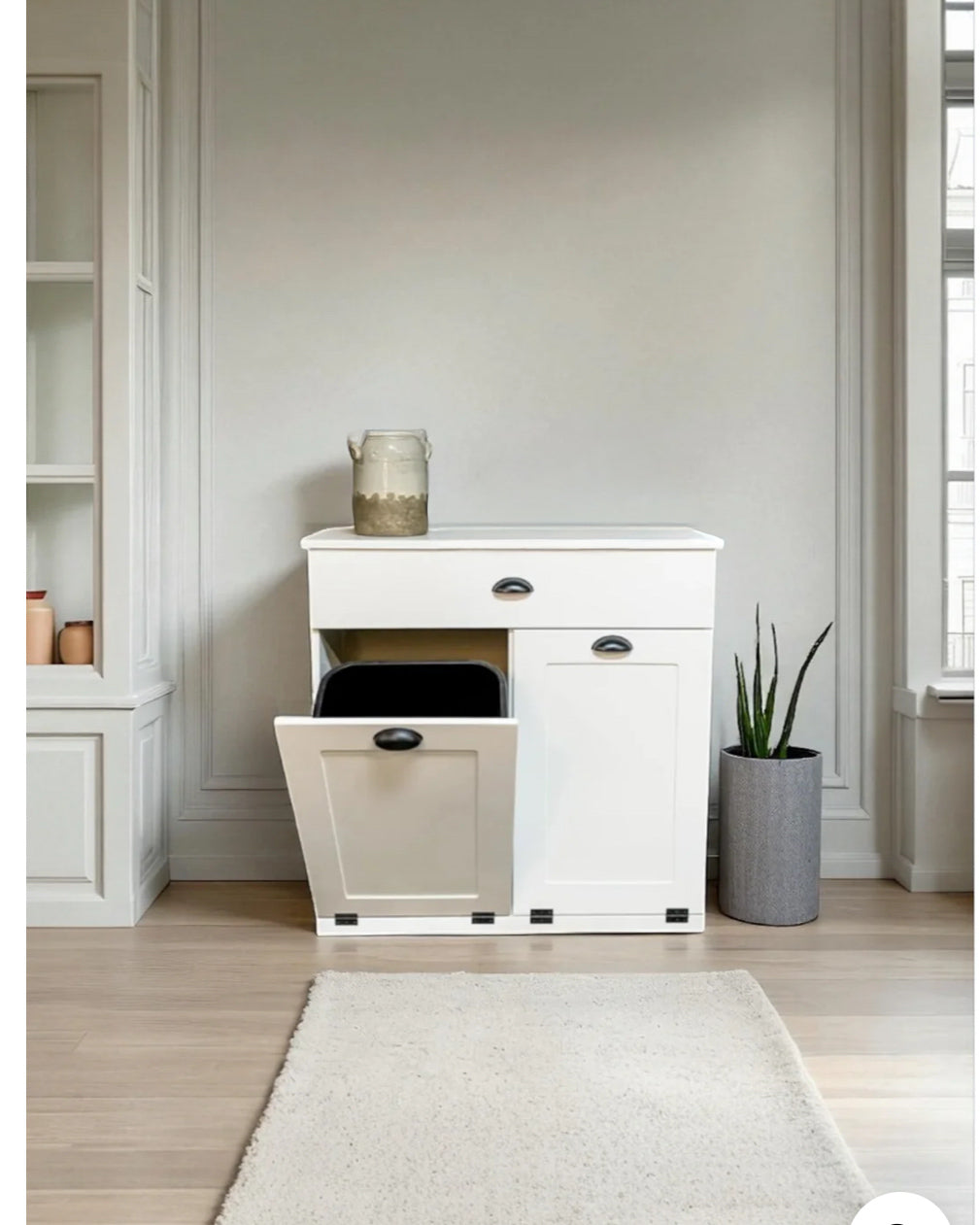 Handcrafted double hidden trash cabinet + storage drawer in white