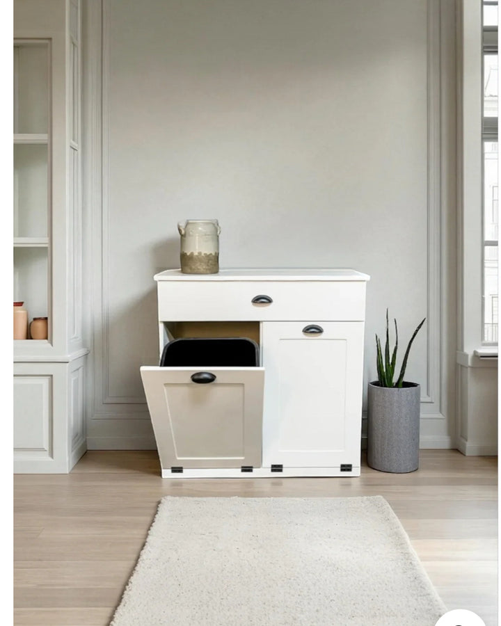 Handcrafted double hidden trash cabinet + storage drawer in white