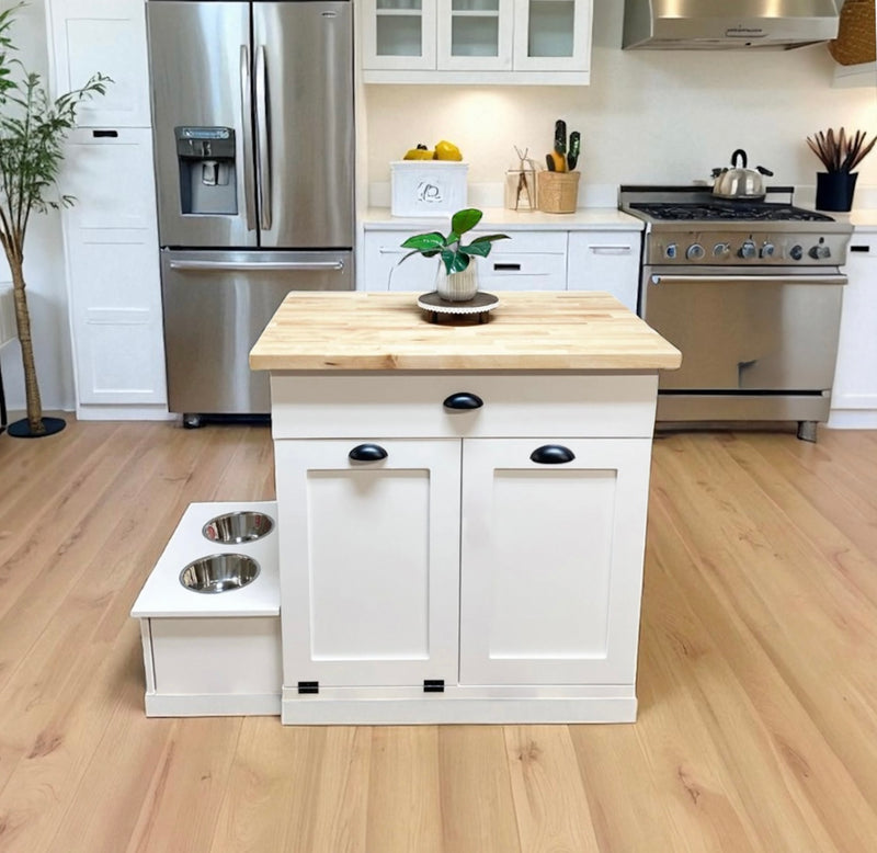 Island in white with a butcher block top